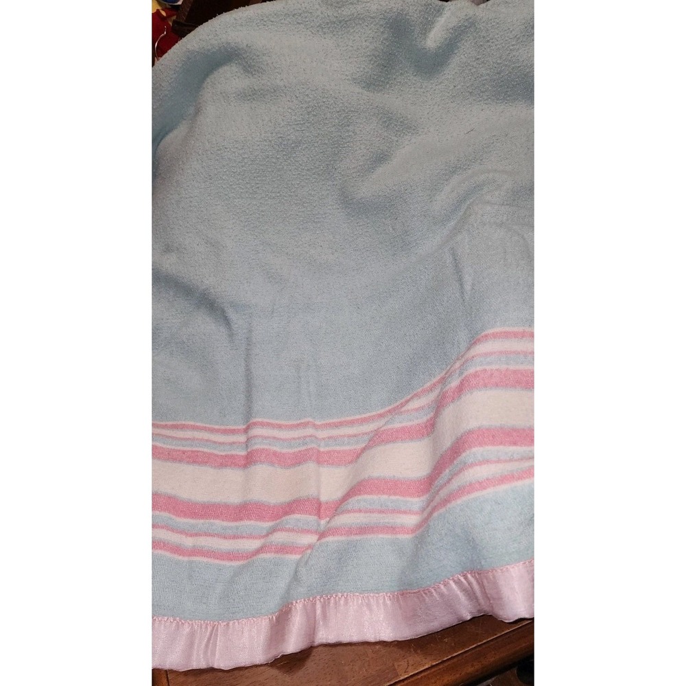Vintage Acrylic Blanket Pink Blue Stripe Satin Trim Edge 71x75" Twin Made In USA
